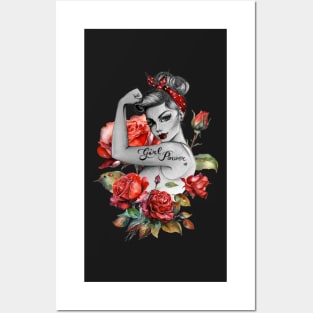 Red Roses and Ladybug Girl Power by Anne Cha Modern Rosie the Riveter Posters and Art